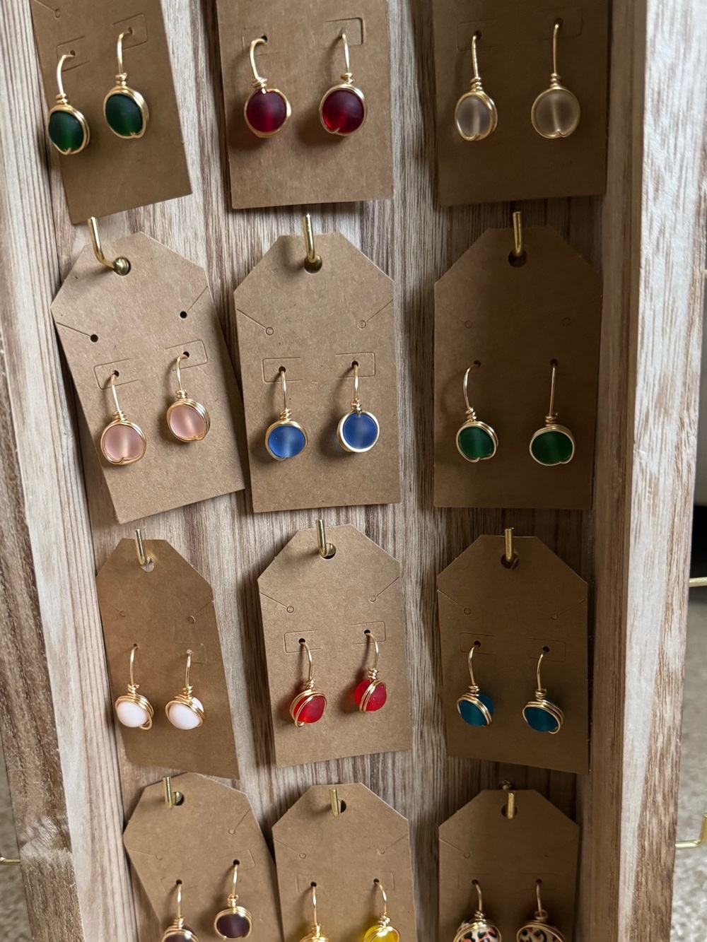 Gold-Trim Round Drop Earrings — Green, Red, Clear, Pink, Blue, and More